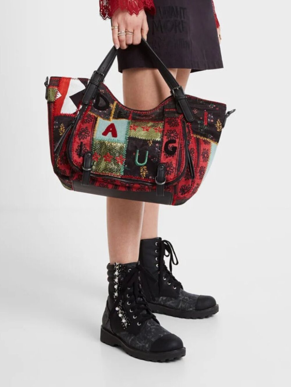 Desigual Patchwork Boho Tote Bag Crossbody Red Black Embroidered Large 19WAXAAI